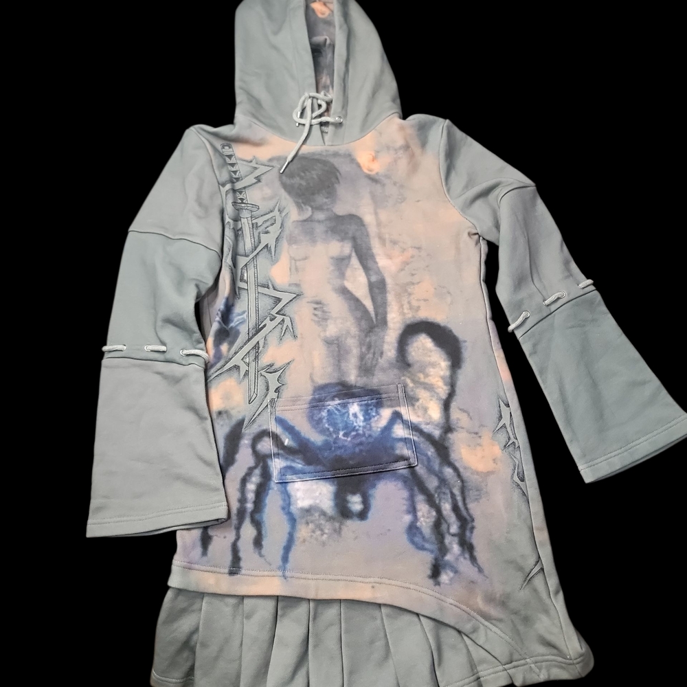 Open Artistic Hoodie Dress with Graphic Design